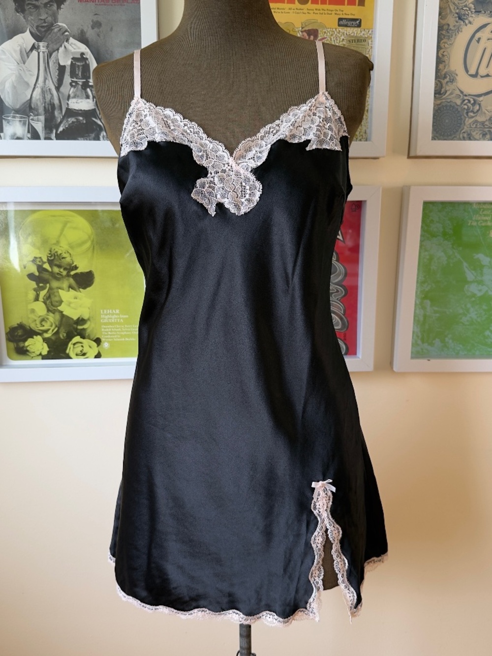 Black Satin & Blush Pink Lace Slip Mini Dress | Y2K Lingerie | Coquette Babydoll